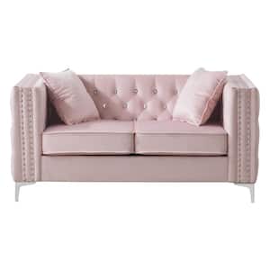 Paige 63 in. Square Arm Velvet Rectangle Tufted Straight Sofa in Pink