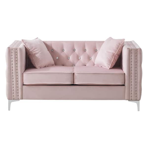 AndMakers Paige 63 in. Square Arm Velvet Rectangle Tufted Straight Sofa in Pink