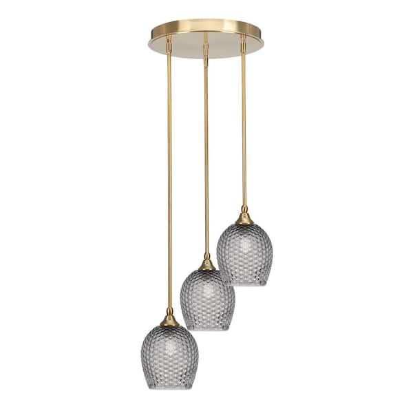 Unbranded Villa 60-Watt in. 3 Light New Age Brass Stem Pendant Light with 7.5 in. Smoke Textured Glass Shade, No bulbs included