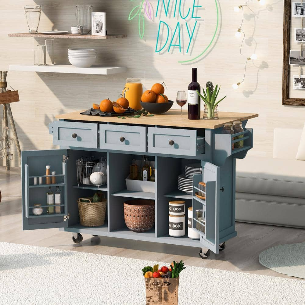  Gray Blue Foldable Rubber Wood Drop-Leaf Countertop 53.1 in. W Kitchen Island on Wheels with Storage Cabinet