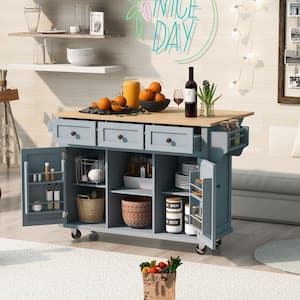 Gray Blue Foldable Rubber Wood Drop-Leaf Countertop 53.1 in. W Kitchen Island on Wheels with Storage Cabinet