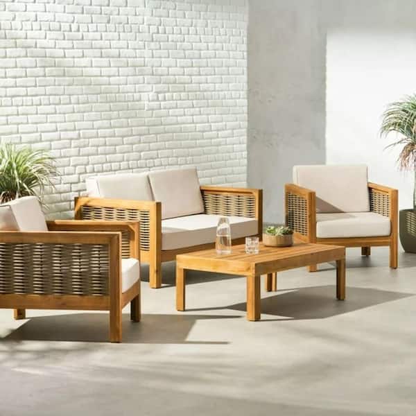 Sudzendf 4 Pieces Acacia Wood Patio Conversation Set with Beige Cushions, Outdoor Chat Set for Garden, Backyard, Porch, Teak
