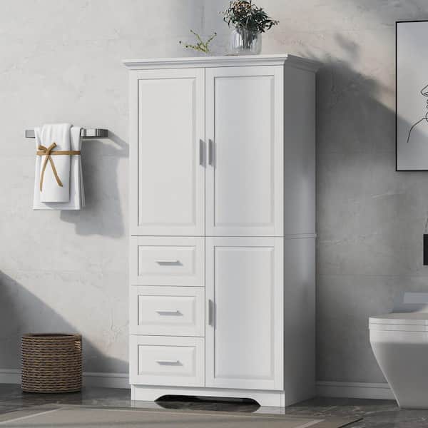 Unbranded 32.6 in. W x 19.6 in. D x 62.2 in. H White Bathroom Freestanding Linen Cabinet with 3-Drawers