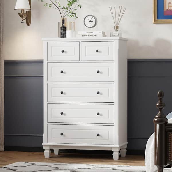 Kingdely White 6-Drawers 31.5 in. W Wood Chest of Drawer Dresser, 47.4 in. H x 15.7 D KF020273-01