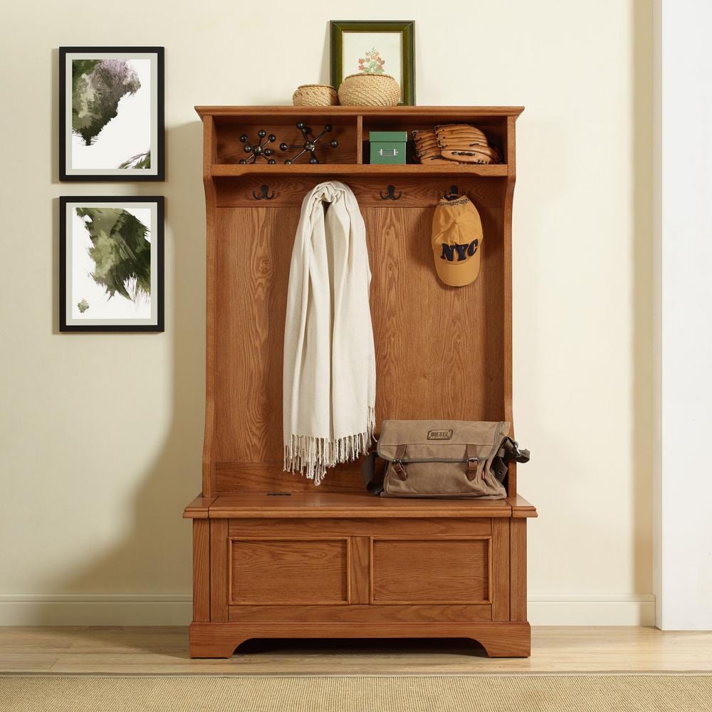 Campbell Oak Hall Tree with Spacious Storage Bench and Double Hooks
