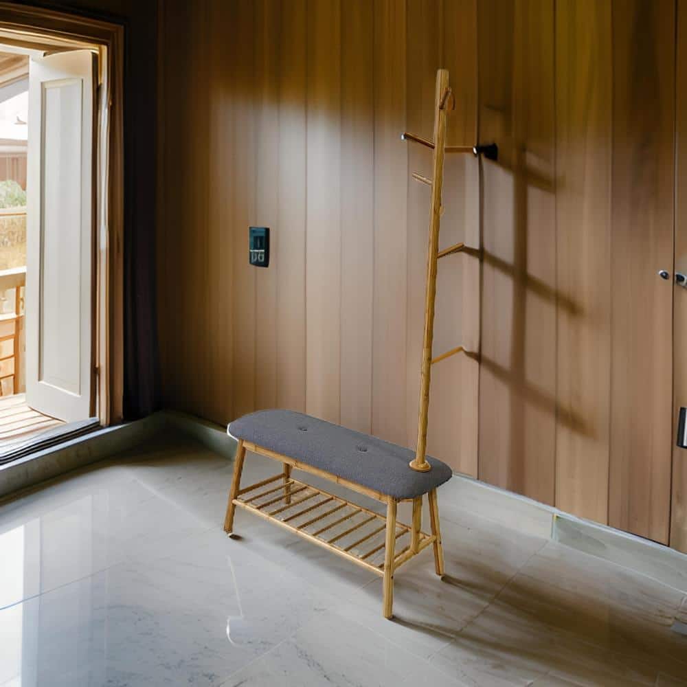 Gray Upholstered Hall Tree with Bamboo Frame and Storage Bench