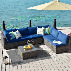Arctic 7-Piece Wicker Outdoor Sectional Set with Navy Blue Cushions