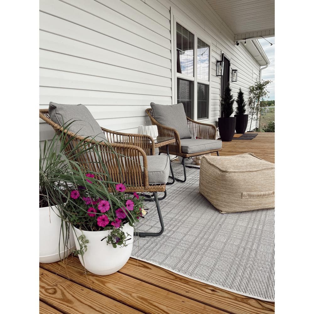 Ivory and Light Grey Square Synthetic Flat Woven Rug