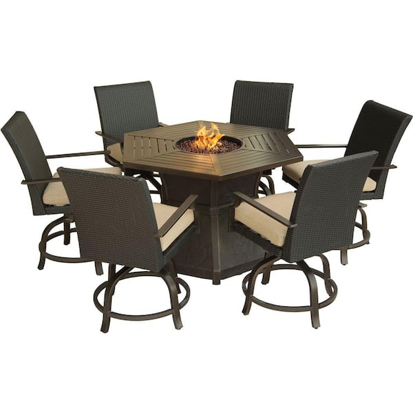 Hanover Aspen Creek 7-Piece Patio Fire Pit Dining Set with Natural Oat Cushions