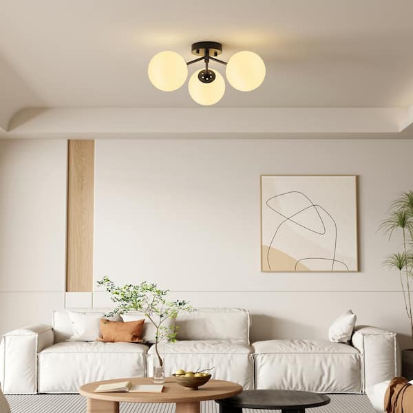 Raleigh 17 in. 3-Light Black Modern Minimalist Dimmable Semi- Flush Mount