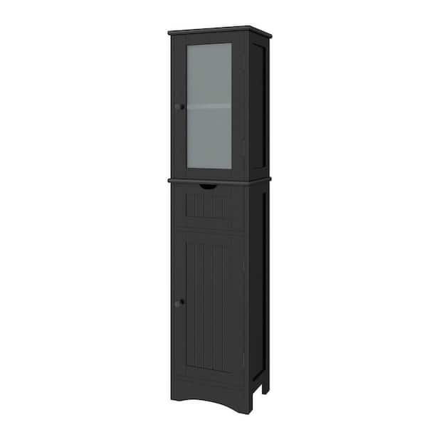 16 in. W x 12 in. D x 67 in. H Black Freestanding Bathroom Linen Cabinet with 2 Doors and 1 Drawer for Bathroom
