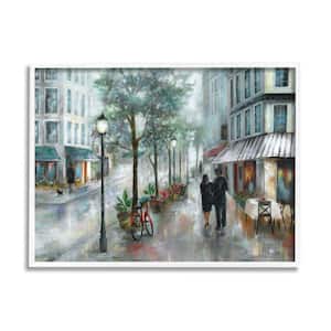 Couple Walking Through Rainy City Architecture By Nan Framed Print Architecture Texturized Art 16 in. x 20 in.