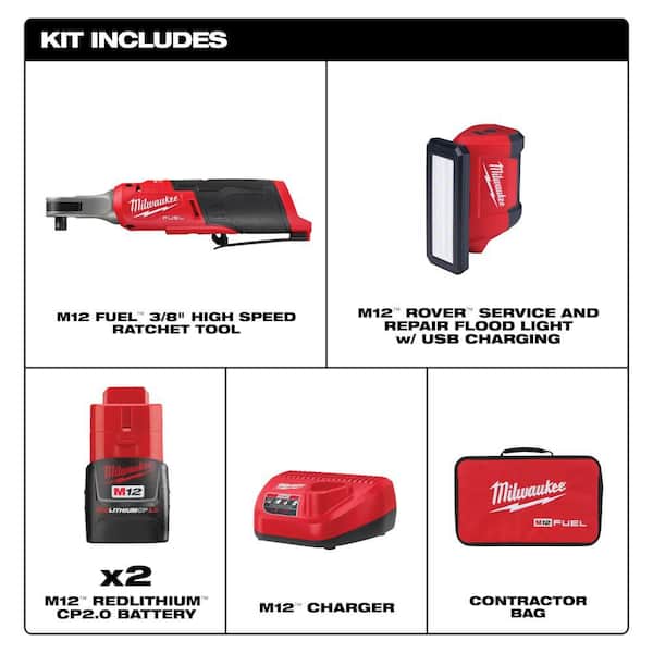 M12 FUEL 12V Lithium-Ion Brushless High Speed 3/8 in. Cordless Ratchet Kit w/(2) Batteries, Charger, Bag & ROVER Light