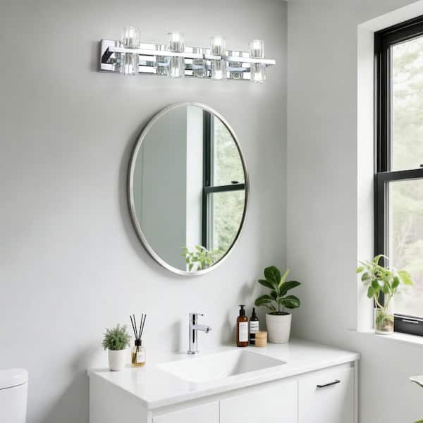 27.56 in. 8-Light Chrome Double-head Vanity Light with Crystal Glass Shade for Living Room Bathroom Hallway Stairs