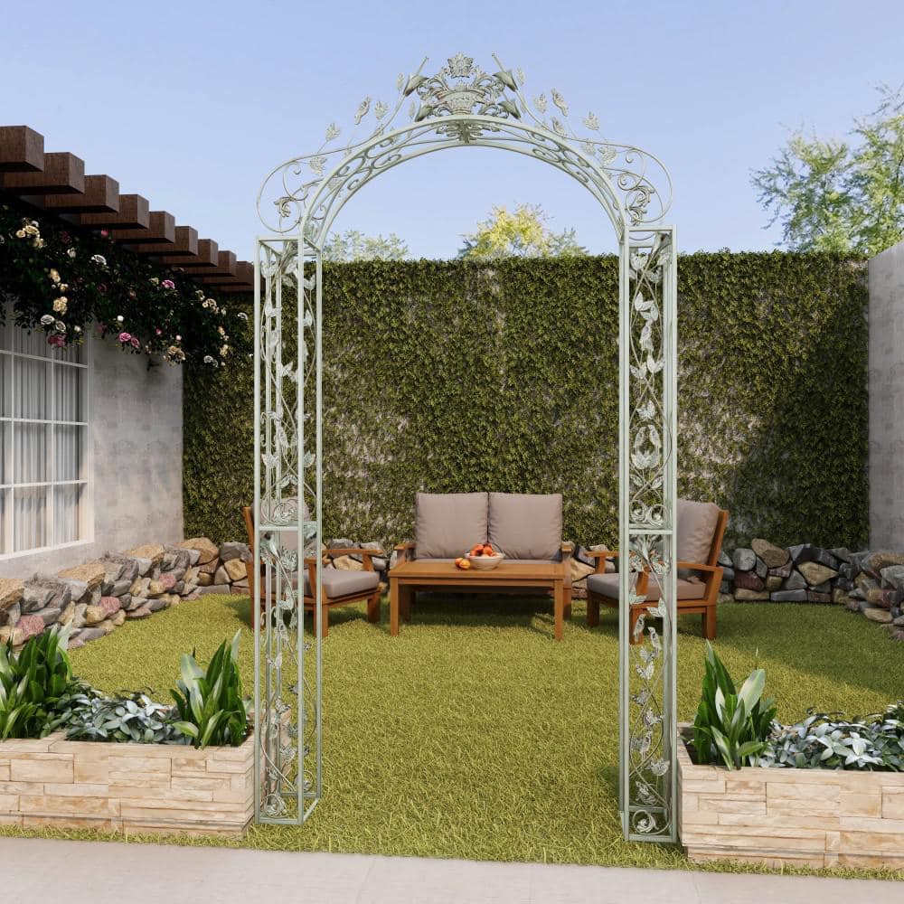 Green Wrought Iron Scrollwork Arched Garden Arbor with Bird Sculptures