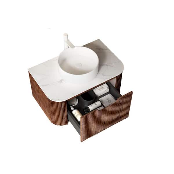 30 in. W x 19 in. D x 19 in. H Single Sink Wall-Mounted Bath Vanity in Walnut with White Cultured Marble Top