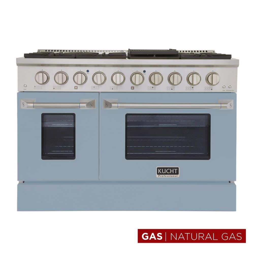 Pro-Style 48 in. 6.7 cu. ft. 8-Burners with Double Oven Natural Gas Range in Stainless Steel and Light Blue Oven Door price history on PriceWatchPro