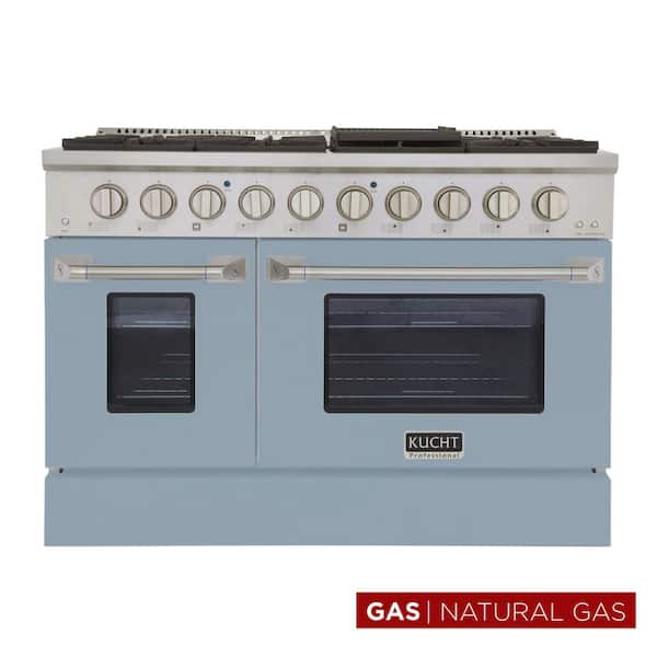 Pro-Style 48 in. 6.7 cu. ft. 8-Burners with Double Oven Natural Gas Range in Stainless Steel and Light Blue Oven Door