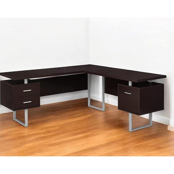 HomeRoots 71 in. L-Shaped Brown Metal 3-Drawer Computer Desks