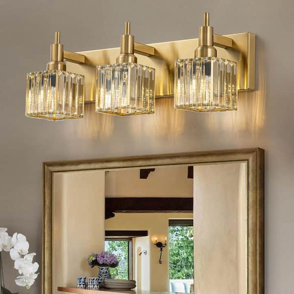 EDISLIVE Orillia 19.7 in. 3-Light Modern Gold Bathroom Vanity Light with Crystal Shades