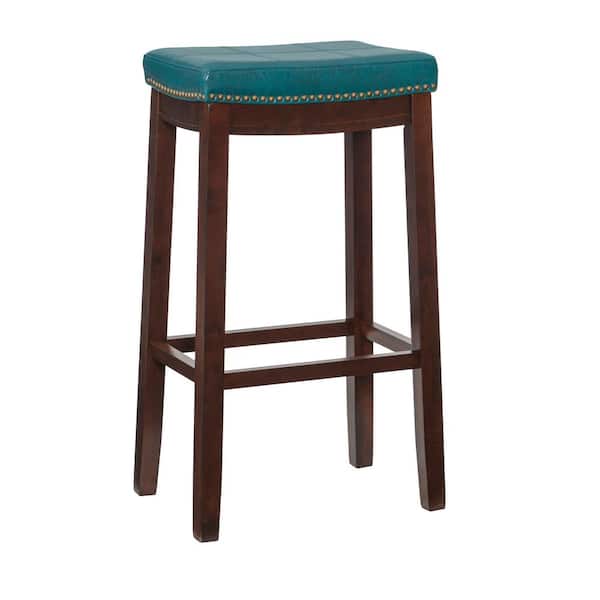 Linon Home Decor Concord Dark Brown Frame Barstool with Padded Blue Faux Leather Seat