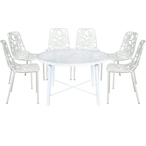 Devon White 7-Piece Aluminum Patio Outdoor Dining Set with Glass Top Table and 6 Stackable Chairs