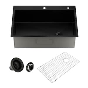 33 in. Drop-In Single Bowl 12-Gauge Black Stainless Steel Kitchen Sink with Cutting Board, Accessories