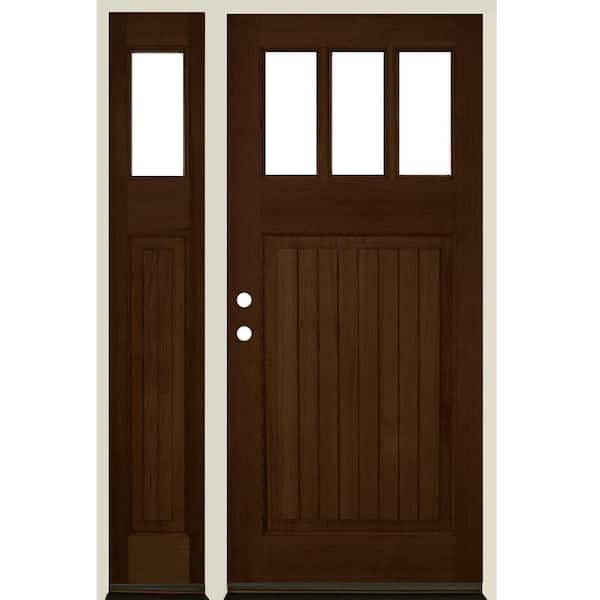 Krosswood Doors 50 in. x 80 in. Craftsman 3-Lite Clear Glass VG Provincial Stain Right Hand Hemlock Wood Prehung Front Door w/LSL