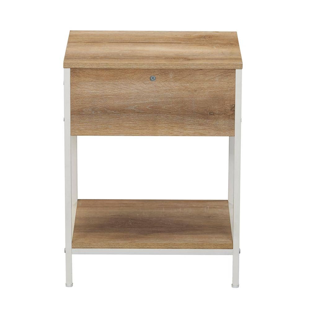 Coastal Oak Square End Table with Rattan Drawer and Metal Frame