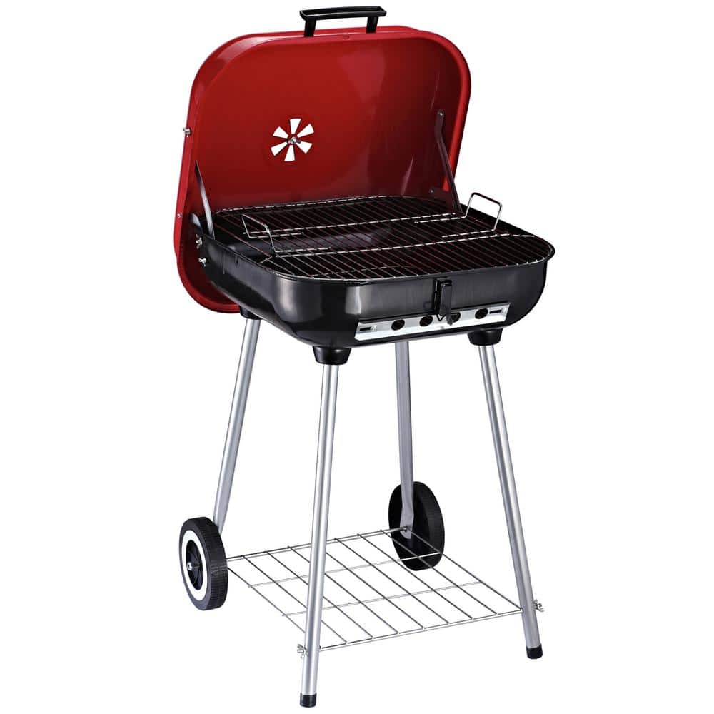 Outsunny 19 in. Steel Portable Outdoor Wheeled Charcoal Barbecue Grill in Red with Storage Rack and Air Vent Heat Control -  01-0569