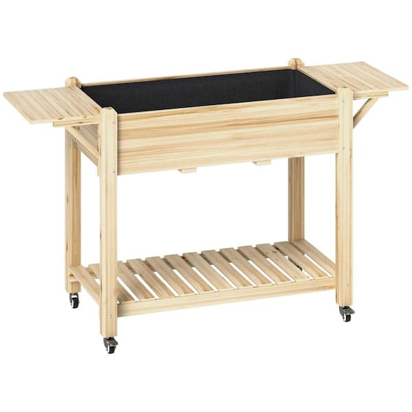 37 in. x 18.1 in. x 7.1 in. Raised Garden Bed, Wood Planter Box with Wheels, Side Tables and Bottom Shelf, Natural