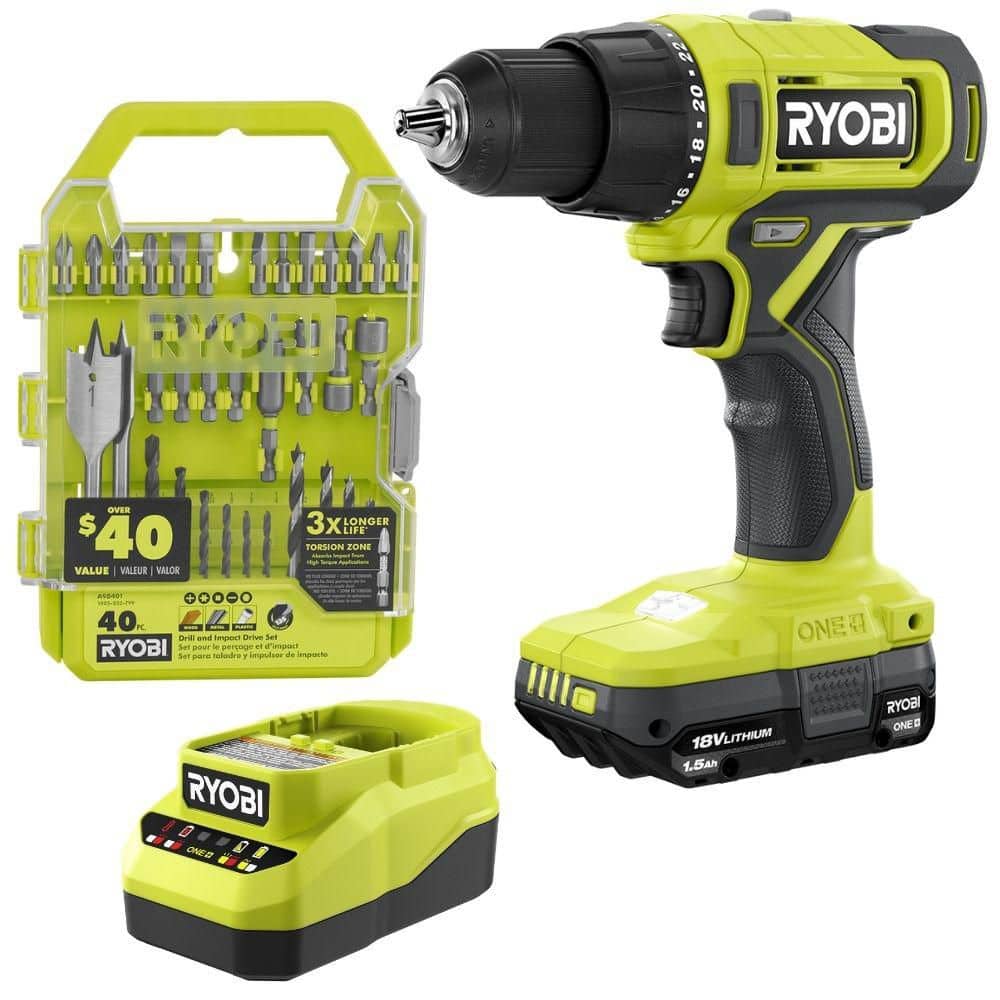 RYOBI ONE+ 18V Cordless 1/2 in. Drill/Driver Kit with 1.5 Ah Battery, Charger, and Drill and Impact Drive Kit (40-Piece) PCL206K1-A98401
