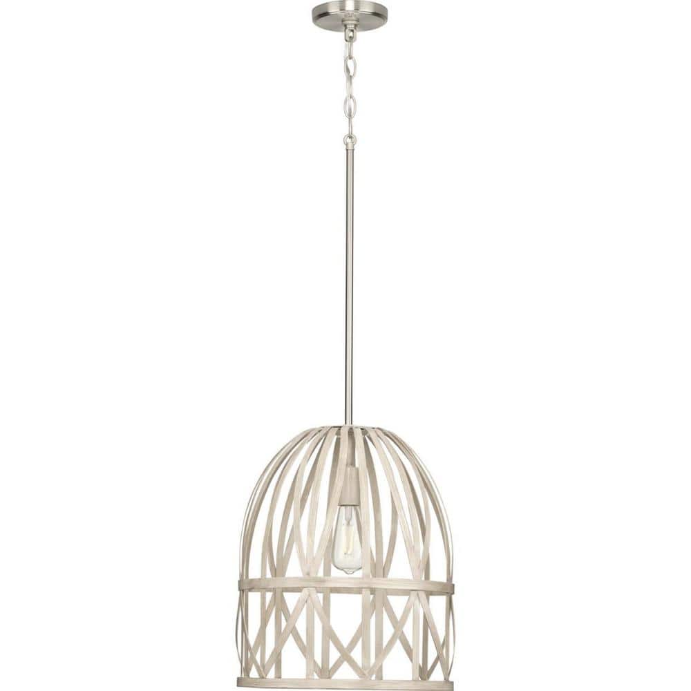 Bleached Oak Farmhouse 14'' Glass Pendant Light with Brushed Nickel Stem