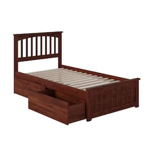 Mission Walnut Twin Solid Wood Storage Platform Bed with Matching Foot Board with 2 Bed Drawers