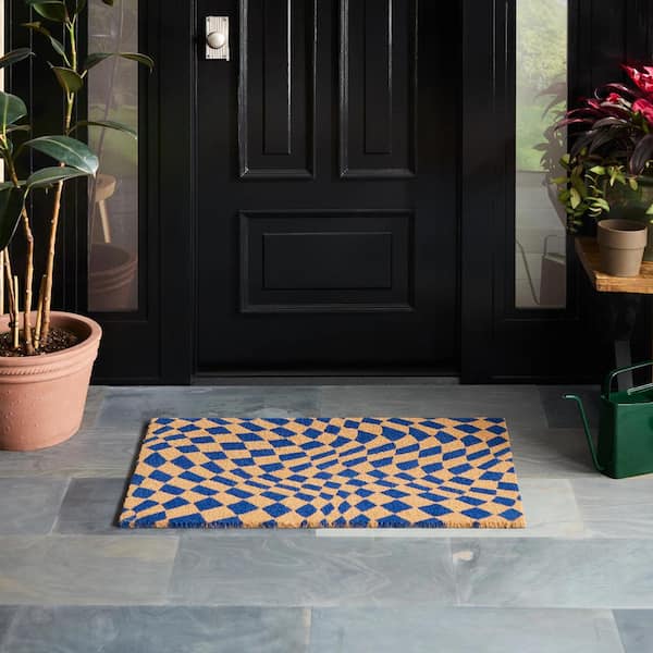 Checkerboard Emmett Blue 18 in. x 30 in. Coir Groovy Outdoor Mat