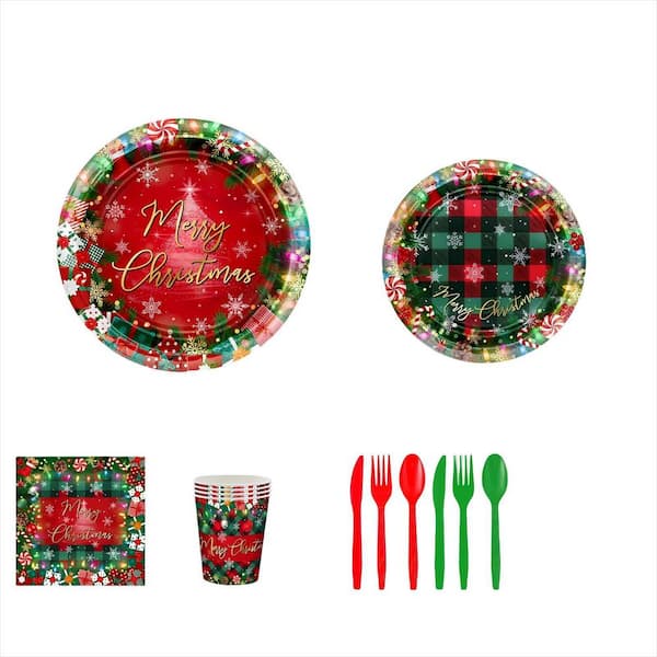 192-Piece Christmas Paper Plates and Napkins, Merry Chirstmas Party Tableware Decorations, Red