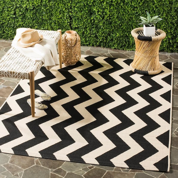 Courtyard Black/Beige Doormat 3 ft. x 5 ft. Geometric Indoor/Outdoor Patio Area Rug