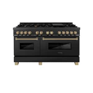 Autograph Edition 60 in. 9 Burner Double Oven Dual Fuel Range in Black Stainless Steel and Champagne Bronze