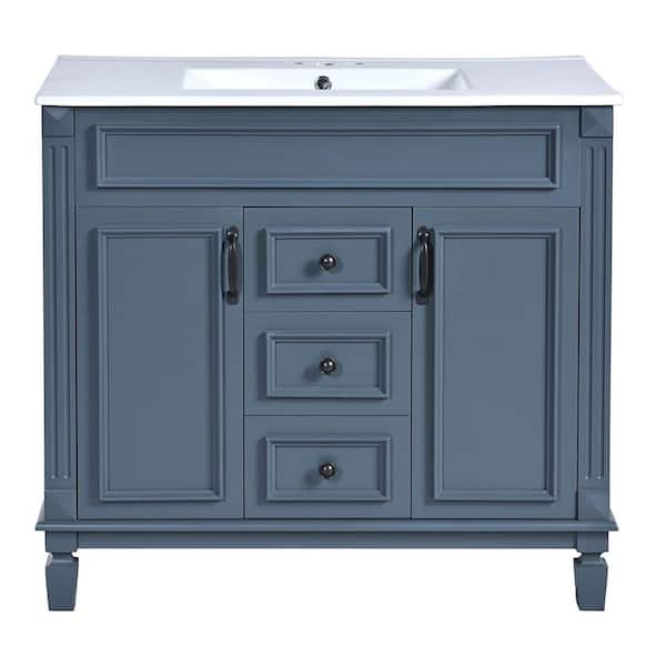 Ziyudura 36 in. Single Sink Freestanding Blue Bath Vanity with White Ceramic Top, 2 Soft Closing Doors