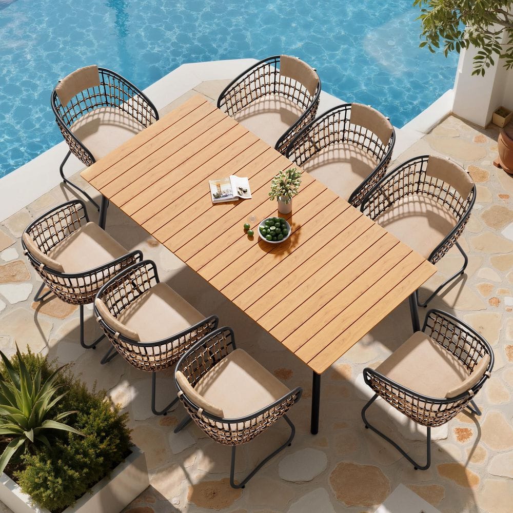 9 of Piece 83 in. Brown Aluminum Rectangle Table Wicker Chairs Outdoor Dining Set with Beige Cushion price history on PriceWatchPro
