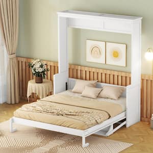 White Wooden Frame Queen Size Murphy Bed with a Storage Shelf