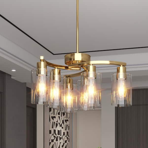 21.7 in. 6-Light Luxury Gold Glass Chandelier Large Ceiling Lighting for Living Room Dining Bedroom Clear Glass Shade