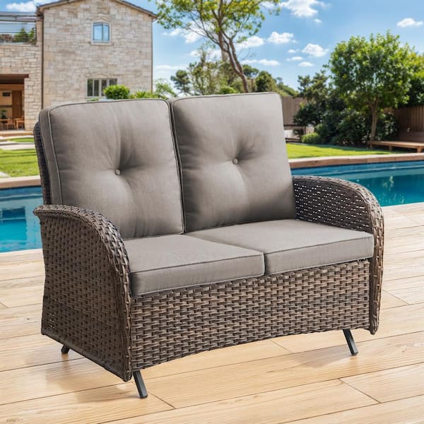 moosprr Brown PE Wicker Outdoor Loveseat with Gray Cushions and Glide Function