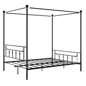 Simple and Elegant Black Queen Canopy Bed Framed with Artistic Headboard, Footrests and Central Support Feet