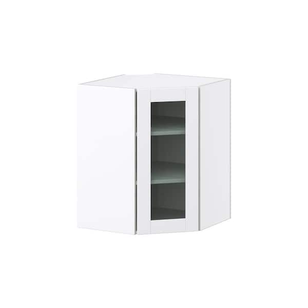 J COLLECTION 24 in. W x 14 in. D x 30 in. H Assembled Glass Door Diagonal Corner Kitchen Cabinet in Bright White