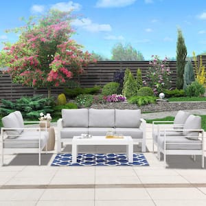5-Piece Aluminum Patio Conversation Set with Coffee Table, Outdoor Modular Sectional Sofa Furniture Set, White Cushions