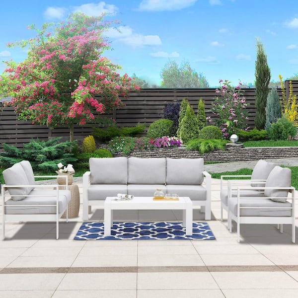 Unbranded 5-Piece Aluminum Patio Conversation Set with Coffee Table, Outdoor Modular Sectional Sofa Furniture Set, White Cushions