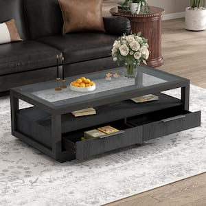 52 in. Black Rectangle Transparent Tempered Glass Top Coffee Table with Open Shelf and 2-Drawers