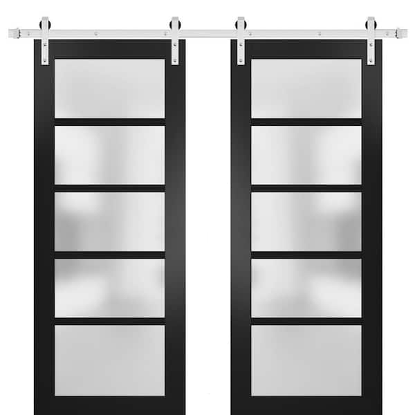 Sartodoors 18 in. x 84 in. 2 Panel Frosted Glass Black Matte Solid MDF Sliding Barn Door with Hardware Kit