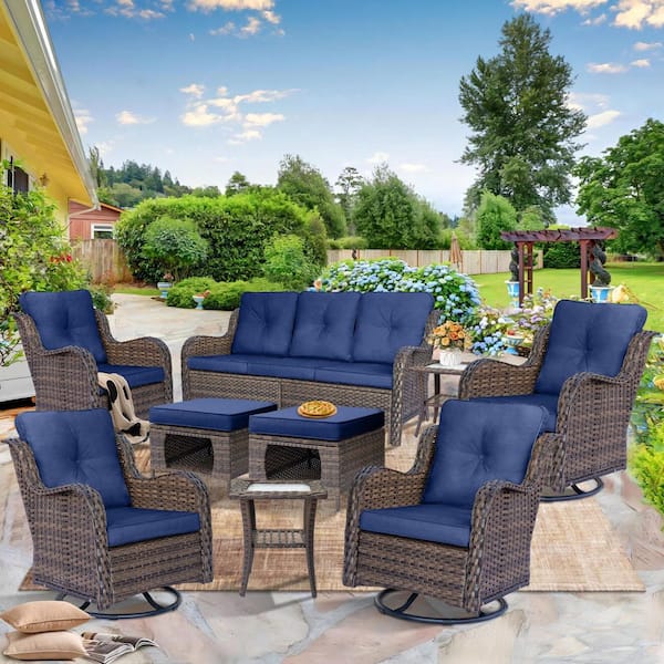 Brown 9-Piece Wicker Patio furniture Set Outdoor Rattan Sofa Swivel Rocking Chairs with Navy Blue Cushions and Ottomans